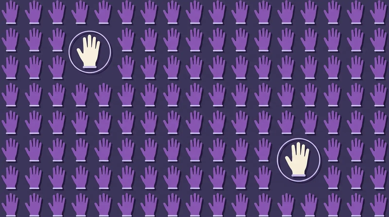 A large batch of identical purple examination gloves in a grid, with two singled out and circled for inspection