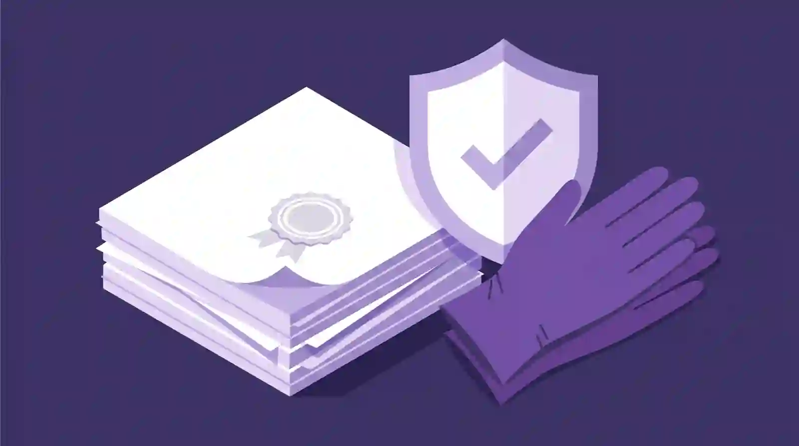 Certification documents with a quality seal and a glove