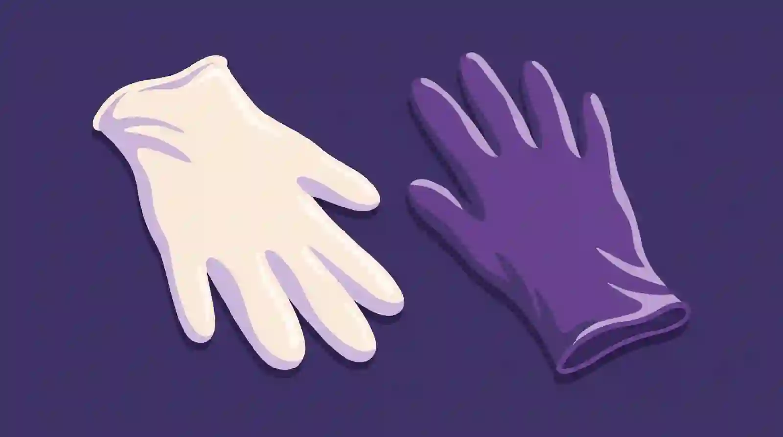 A cream latex glove and a purple nitrile glove side by side