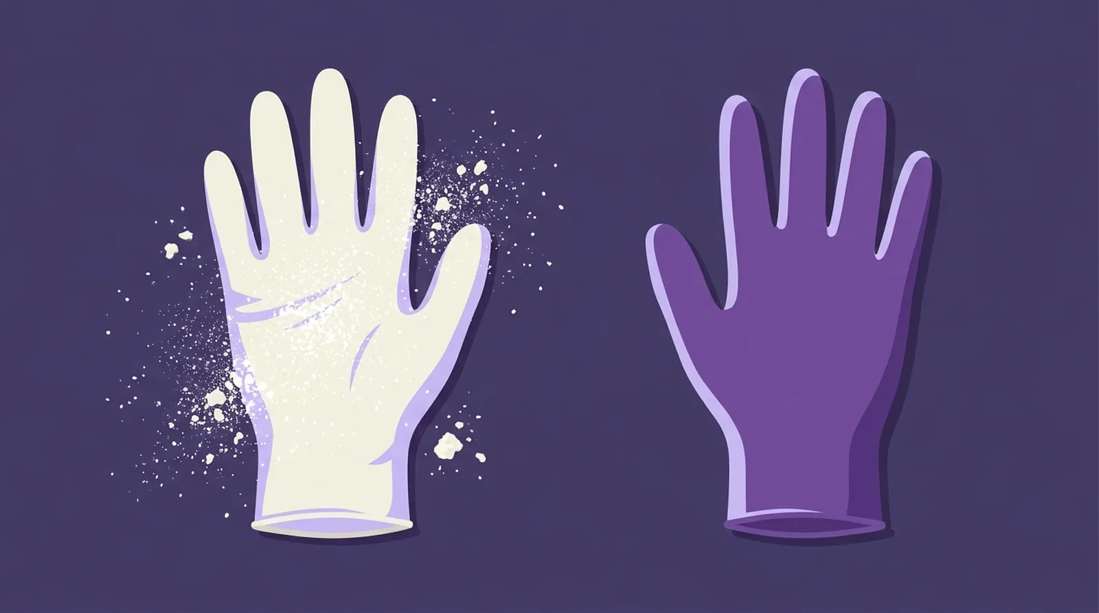 Two examination gloves side by side — a powdered cream glove dusted with loose cornstarch, and a clean powder-free purple glove