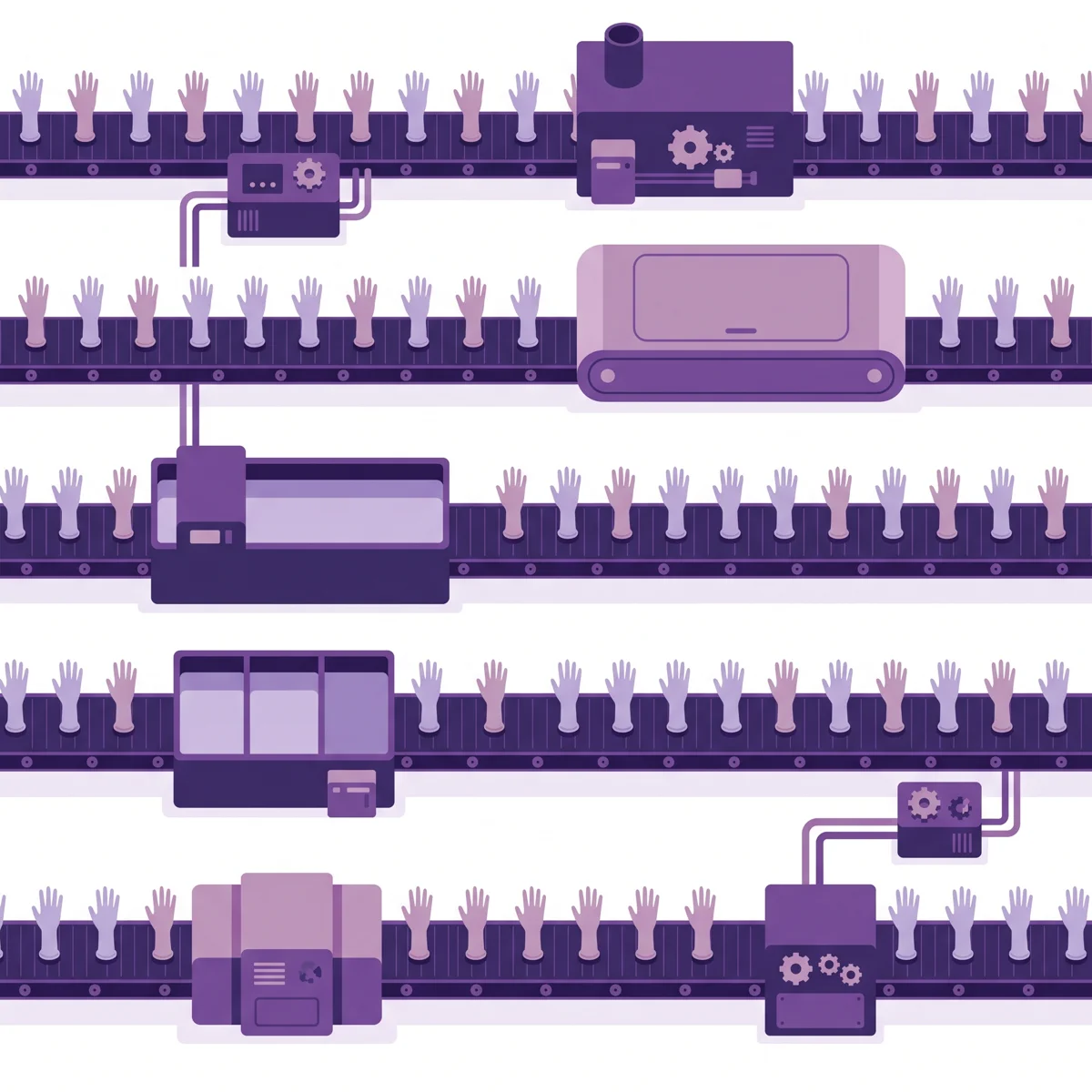Illustrated aerial view of a BerrySure glove production line — rows of glove formers moving along parallel conveyor lanes past dipping and curing machinery