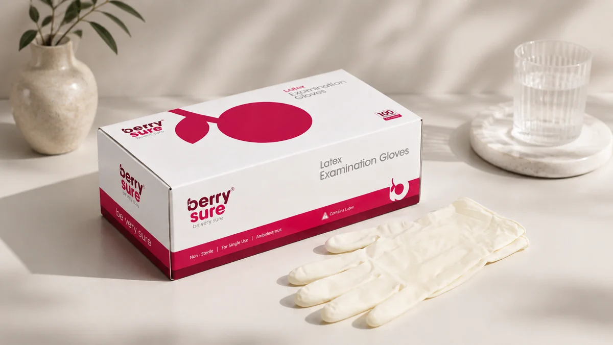 BerrySure latex examination gloves box beside a pair of latex gloves