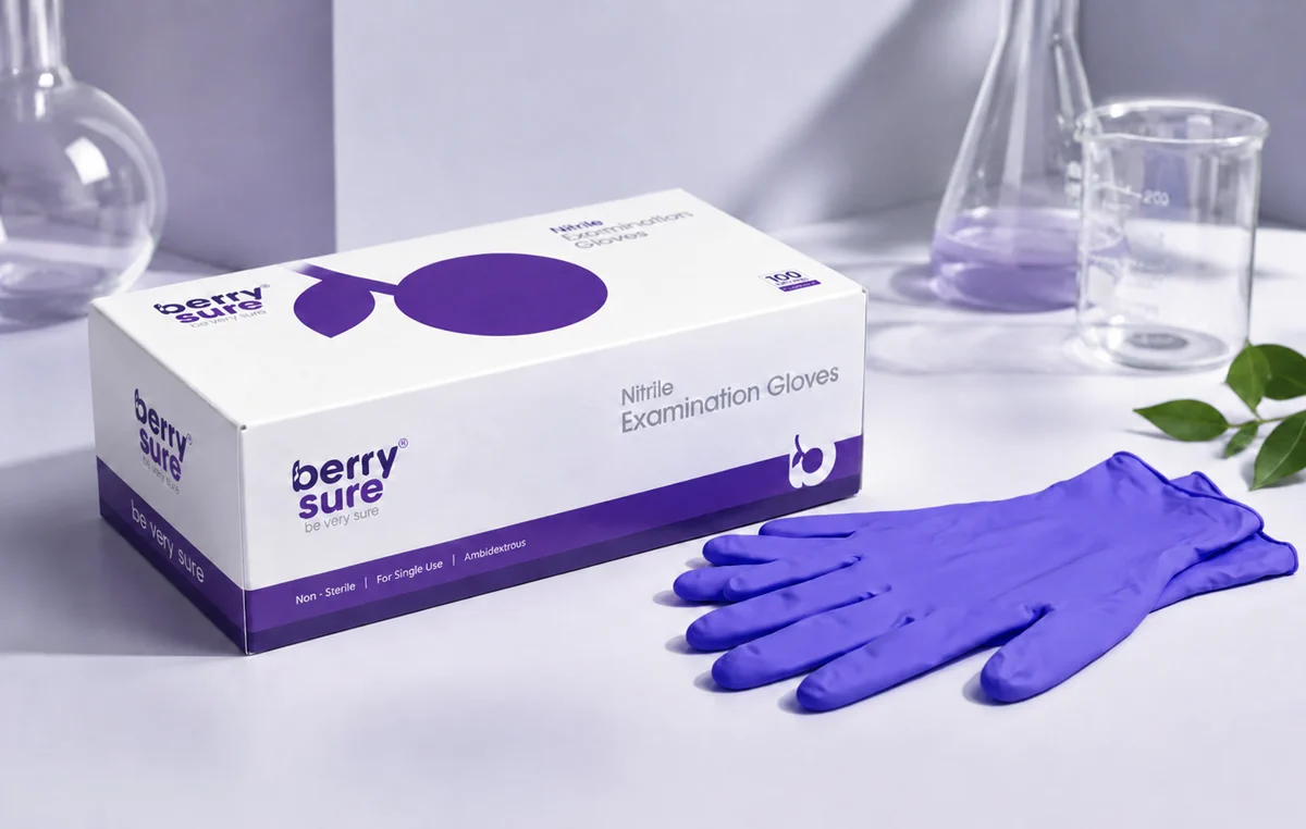 BerrySure nitrile examination gloves box beside a pair of blue nitrile gloves