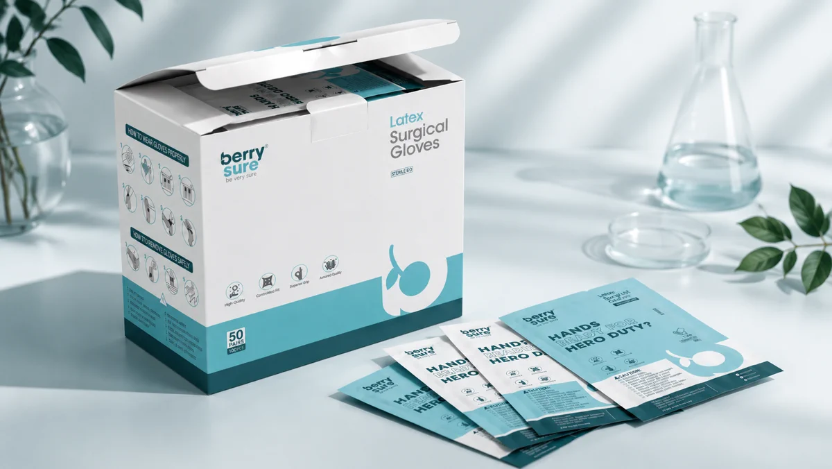 BerrySure latex surgical gloves carton with sterile pouches fanned beside it